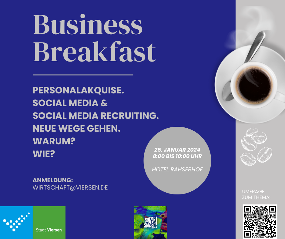 Das Key Visual nennt den Titel und das Datum der hier beworbenen Veranstaltung „Business Breakfast“ am 24. Januar 2024 und zeigt den QR-Code zur Umfrage.