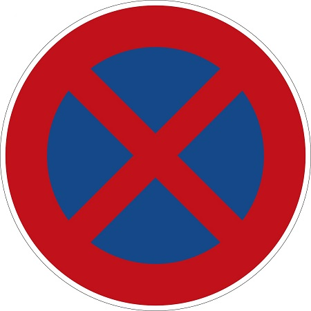 Verkehrszeichen 283 - Absolutes Halteverbot  Das Zeichen besteht aus einem blauen Kreis mit breitem roten Rand und zwei sich kreuzenden roten Diagonalbalken.